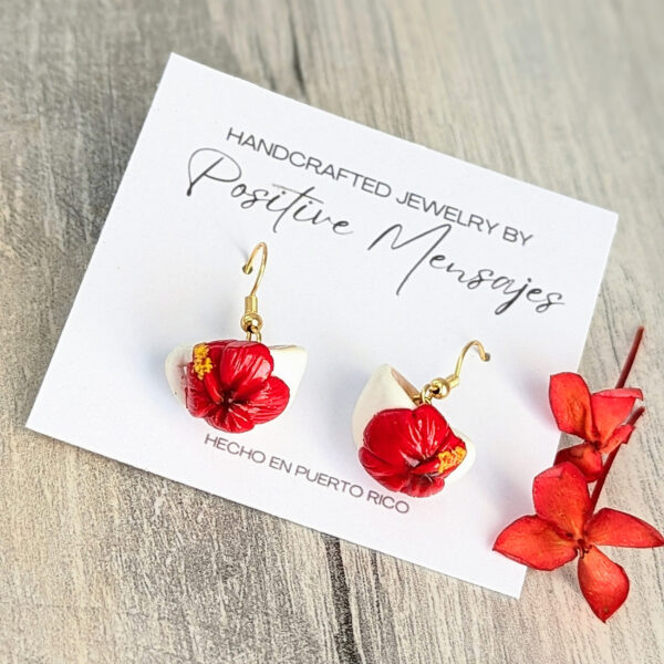 white coffee earrings with red puerto rico flowers