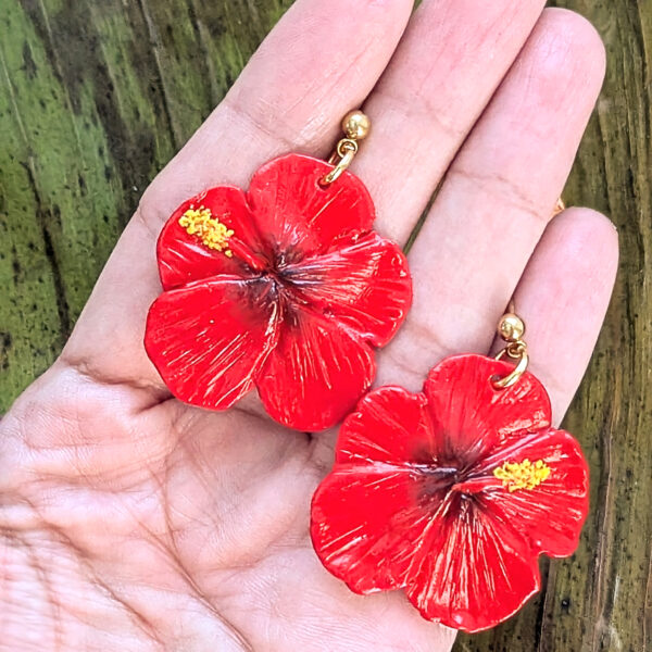 Puerto Rico Mini Red Hibiscus Flower Earrings - Image 3