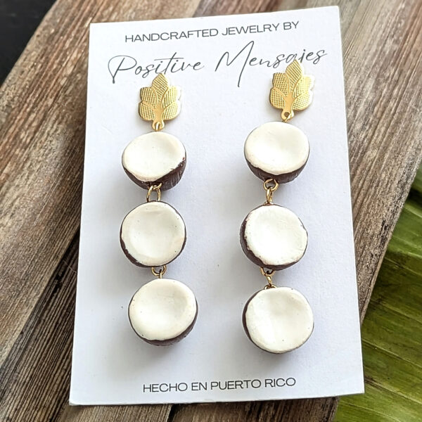 Three Tier Coconut Earrings With Hand-Carved Taino Symbol - Image 3
