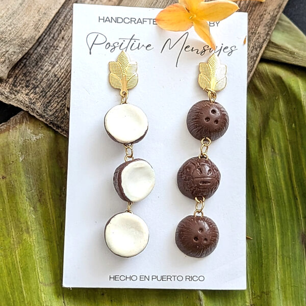 Three Tier Coconut Earrings With Hand-Carved Taino Symbol - Image 4