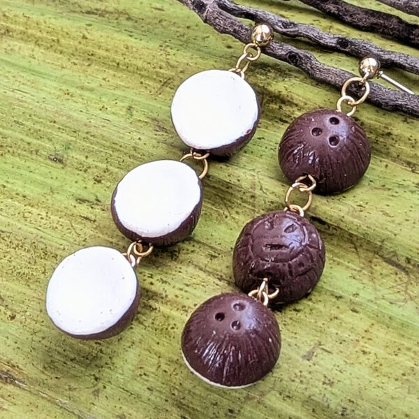 Three Tier Coconut Earrings With Hand-Carved Taino Symbol - Image 4