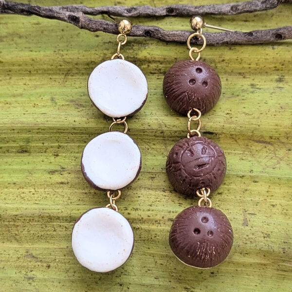 front back view of taino coconut earrings