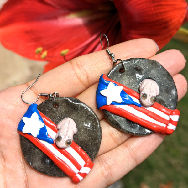 puerto rico flag and coqui earrings on hand