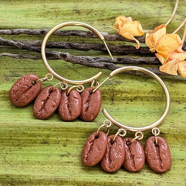 coffee beans earrings with gold hoops