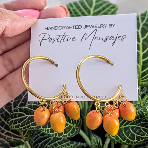 Puerto Rico mango hoop earrings on leaves