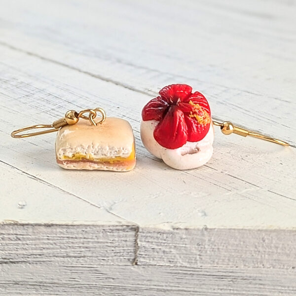 sandwich coffee earrings on white wood board