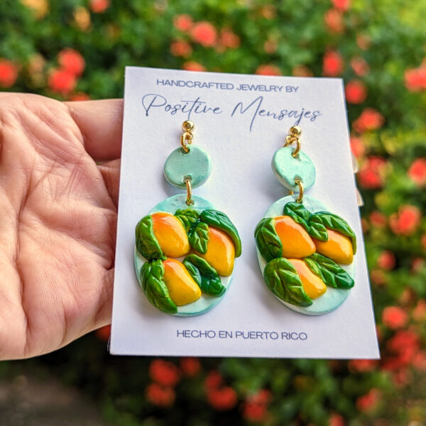 Mango Fruit With Leaves Oval Statement Earrings - Image 2