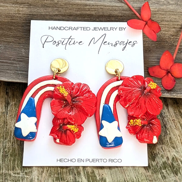 Puerto Rico Arch Flag Earrings With Flor De Maga Flowers - Image 3