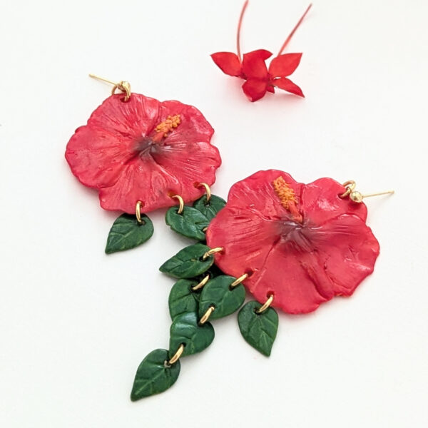 large hibiscus earrings with red flowers