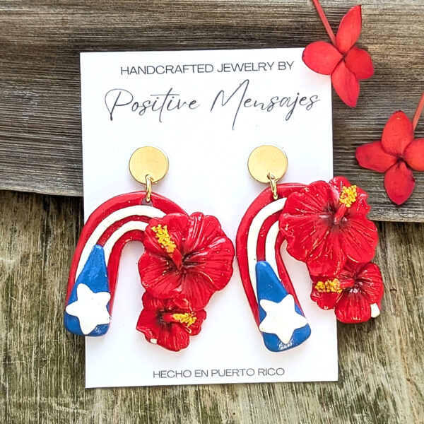 Puerto Rico Arch Flag Earrings With Flor De Maga Flowers - Image 4