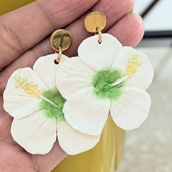 White and Green Hibiscus Flower Earrings - Image 7