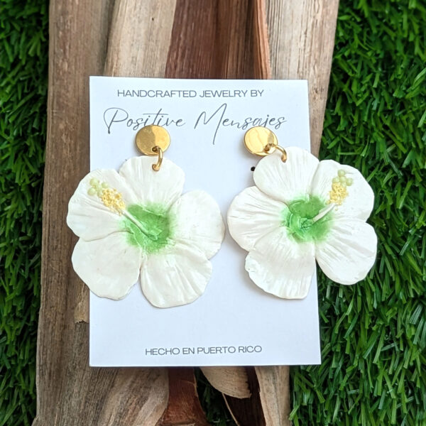 White and Green Hibiscus Flower Earrings - Image 5