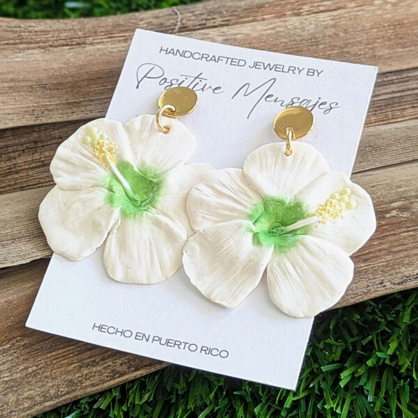 White and Green Hibiscus Flower Earrings - Image 6