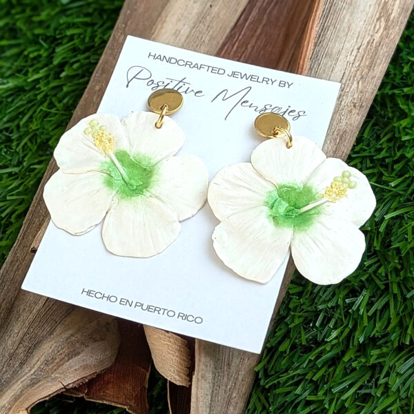 White and Green Hibiscus Flower Earrings - Image 3