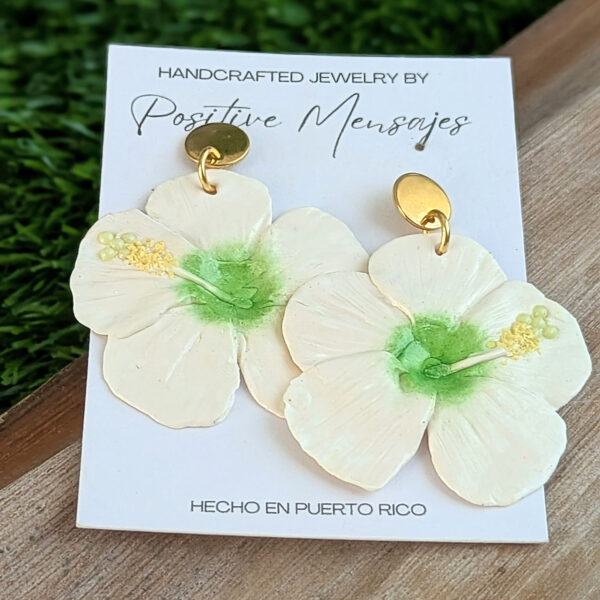 White and Green Hibiscus Flower Earrings - Image 4