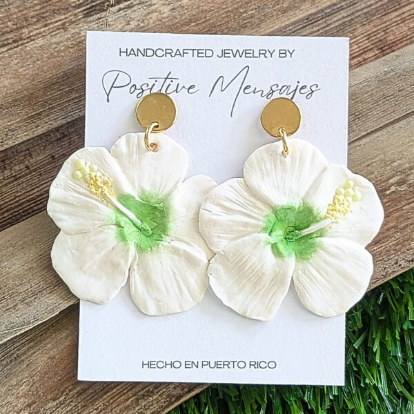 White and Green Hibiscus Flower Earrings - Image 2