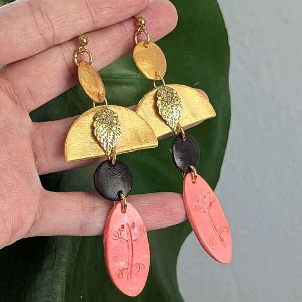 Taino Inspired Earrings with Coral Pink Design and Leaf Accent