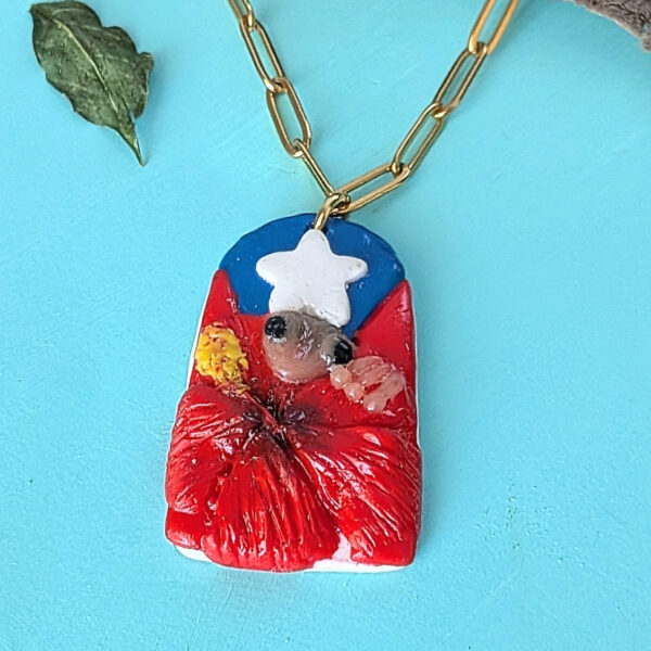 Puerto Rico Flag Necklace With Coqui Frog and Flower