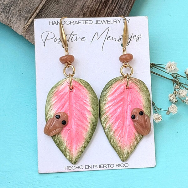 Artisanal Leaf Earrings with Puerto Rican Frog and Beads
