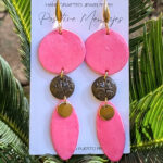 Taino-Inspired Long Pink Earrings with Leaf Charm
