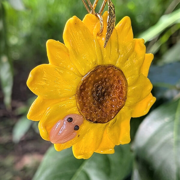 Large Sunflower Pendant Necklace with Coquí Frog