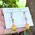 Mini Mango Fruit Earrings with Golden Leaves