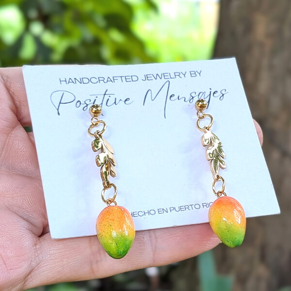 Mini Mango Fruit Earrings with Golden Leaves