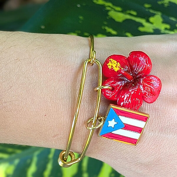 Puerto Rico Flor De Maga and Flag Charm Bracelet