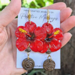 Hibiscus Flower Earrings with Taíno-Inspired Sun & Water Symbols