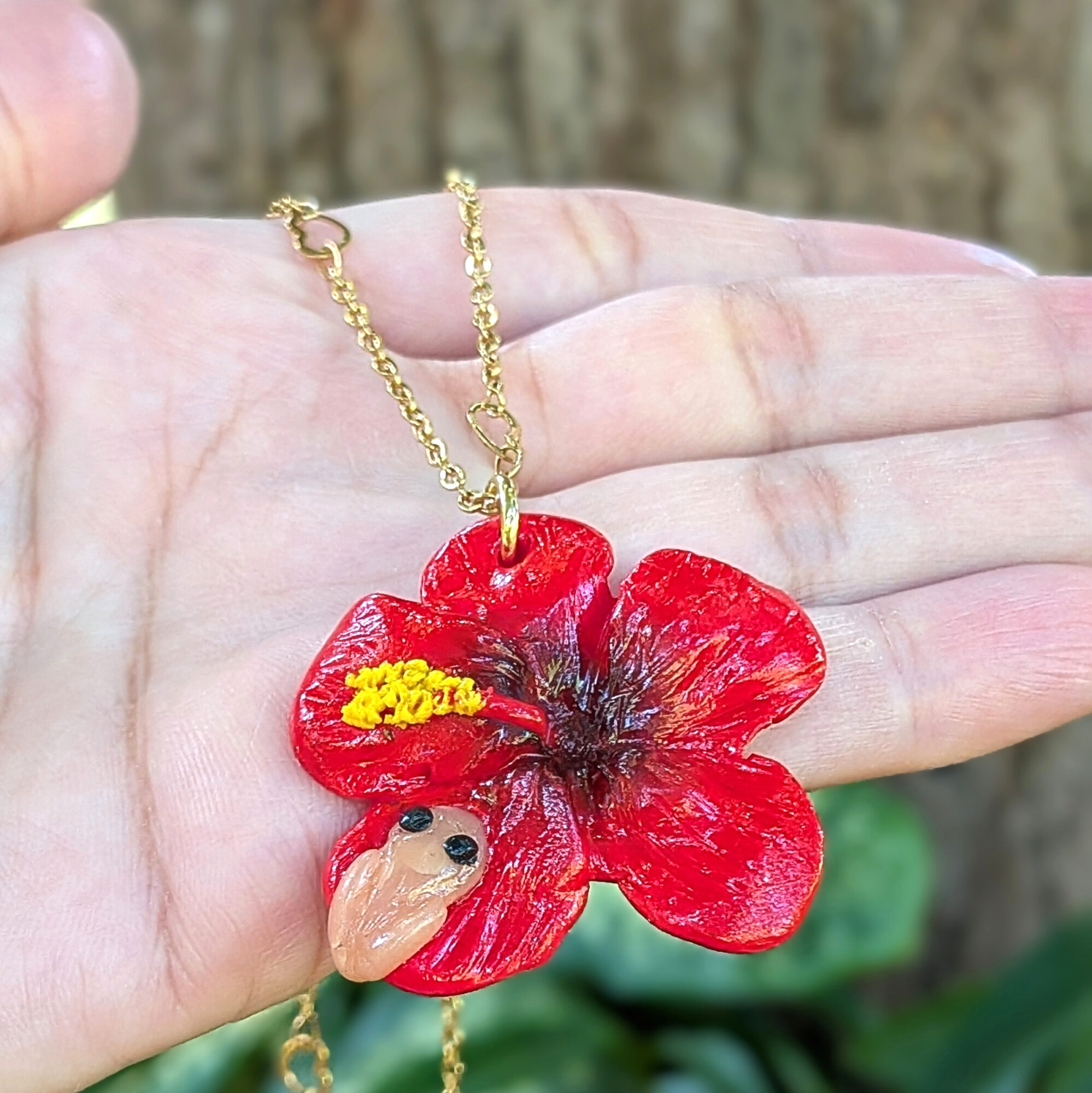 Puerto Rico Heart Chain Necklace With Coquí Frog & Hibiscus Flower