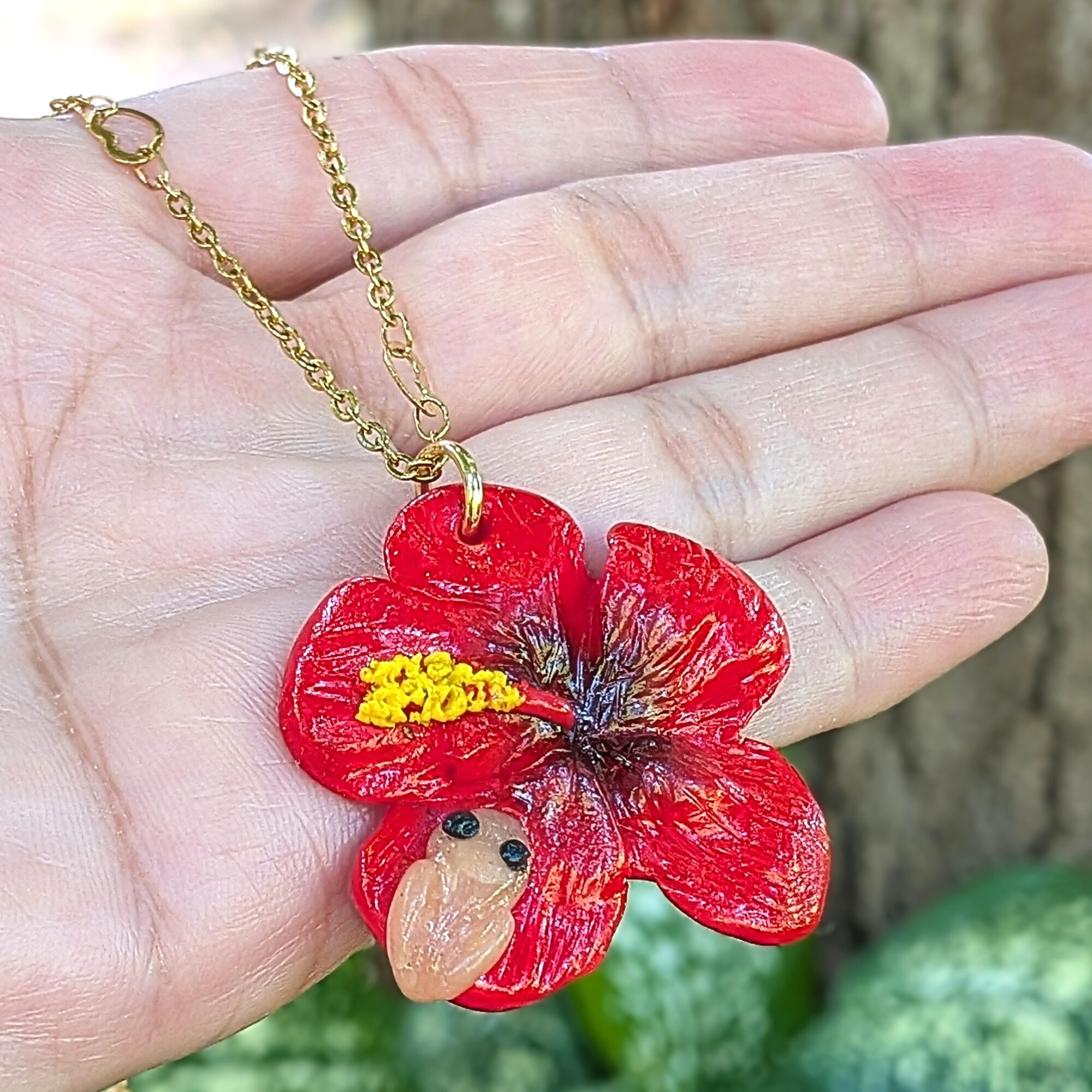 Puerto Rico Heart Chain Necklace With Coquí Frog & Hibiscus Flower - Image 2