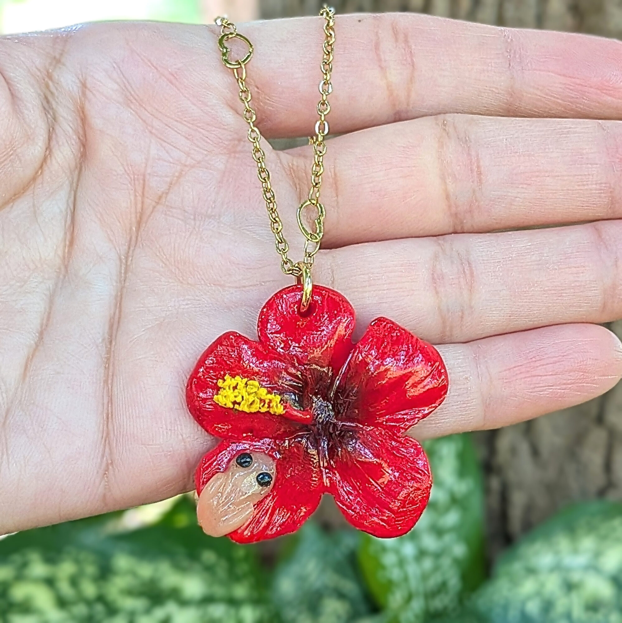Puerto Rico Heart Chain Necklace With Coquí Frog & Hibiscus Flower - Image 3