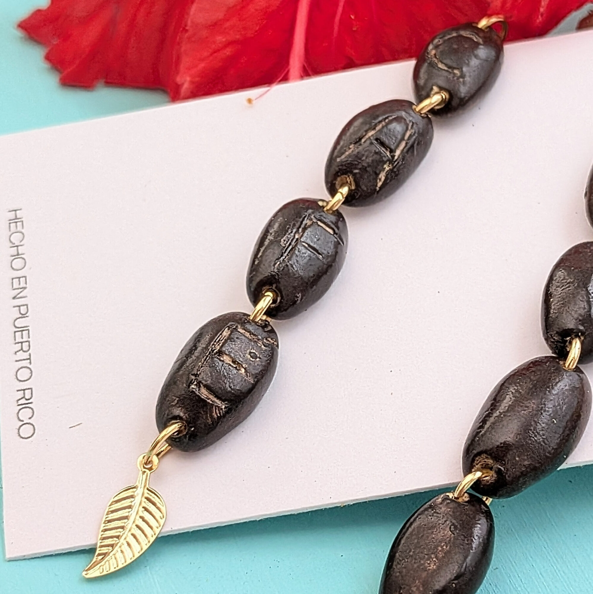 Roasted Coffee Bean Earrings with Leaf Charm - Image 4