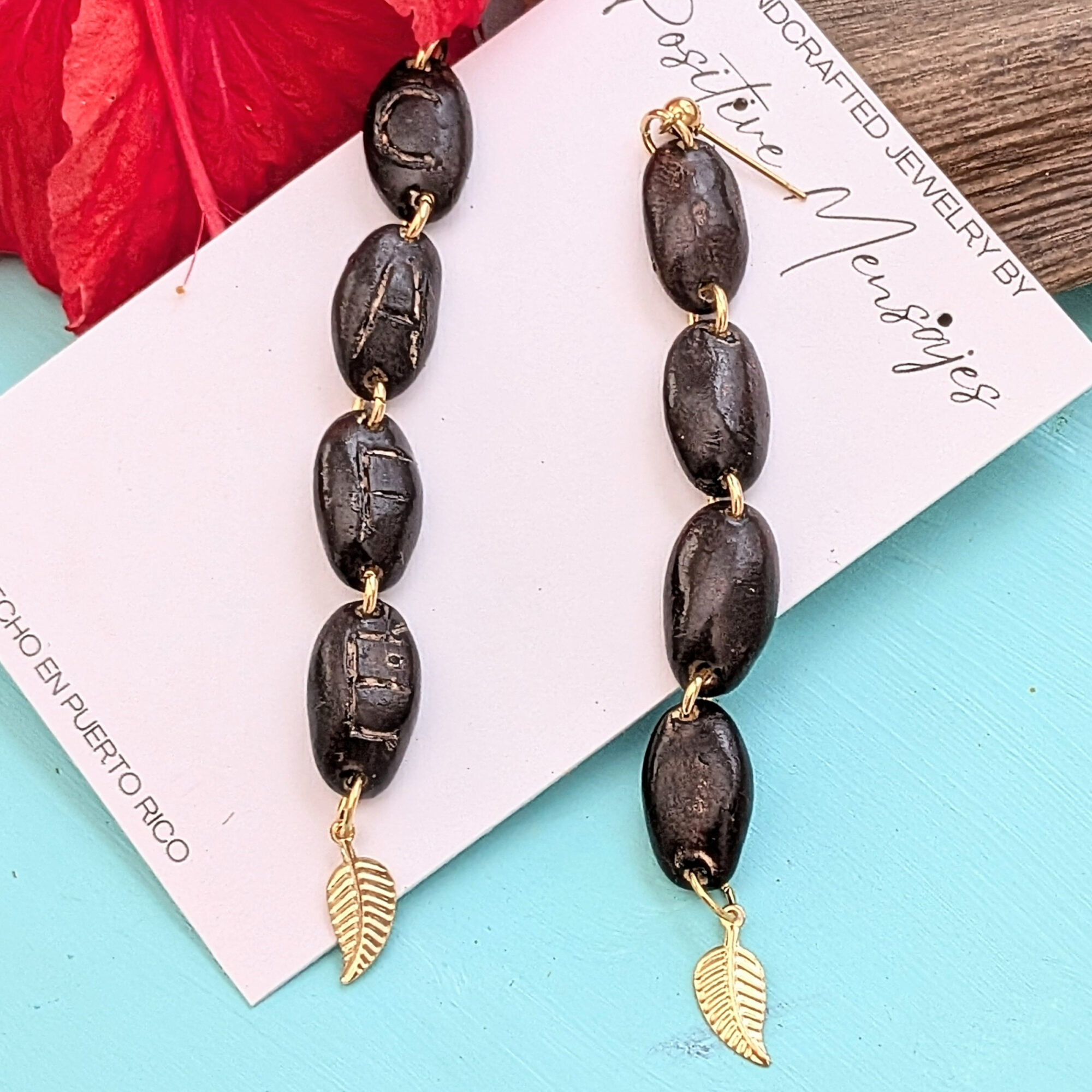 Roasted Coffee Bean Earrings with Leaf Charm - Image 5