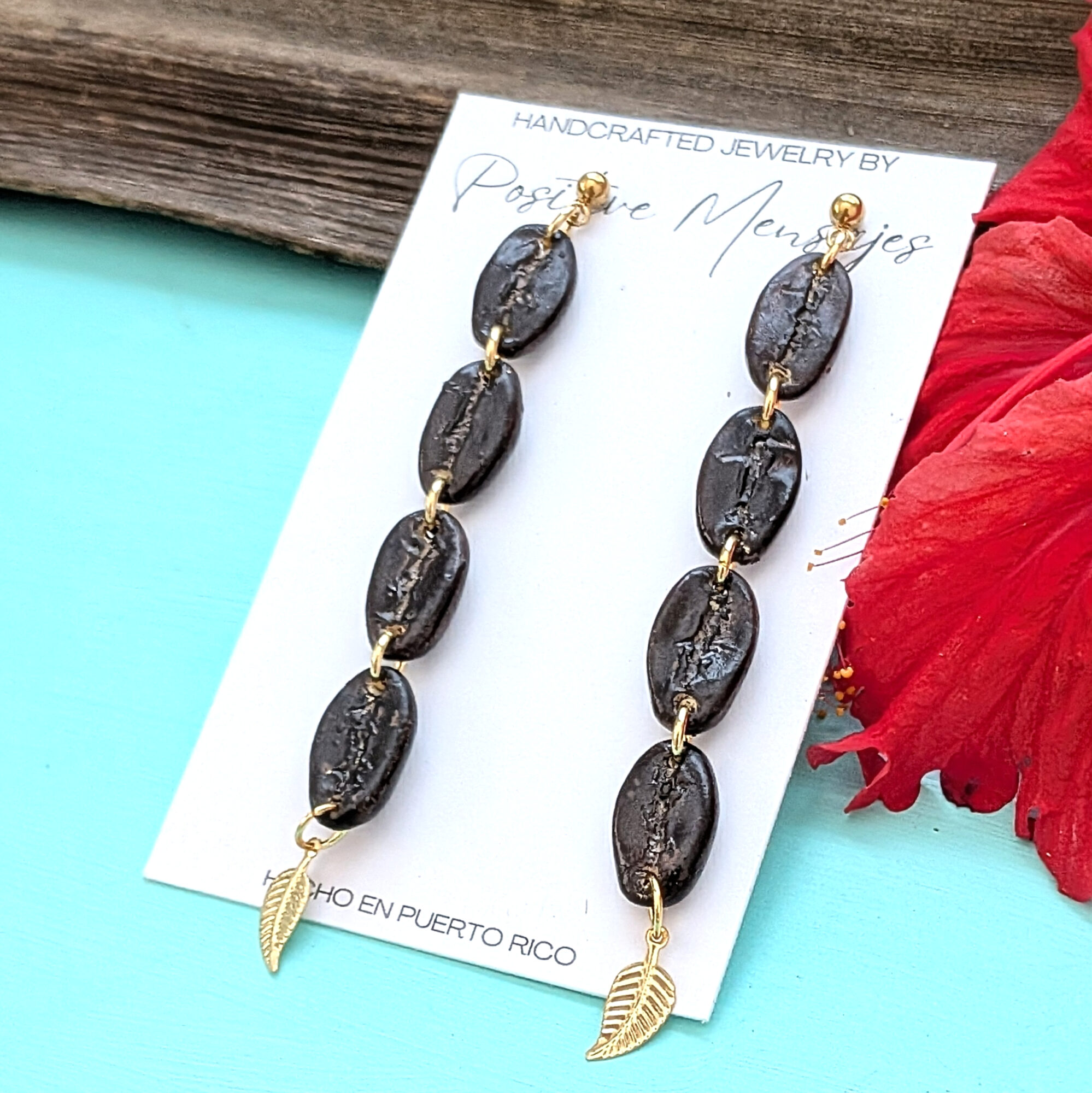 Roasted Coffee Bean Earrings with Leaf Charm - Image 3