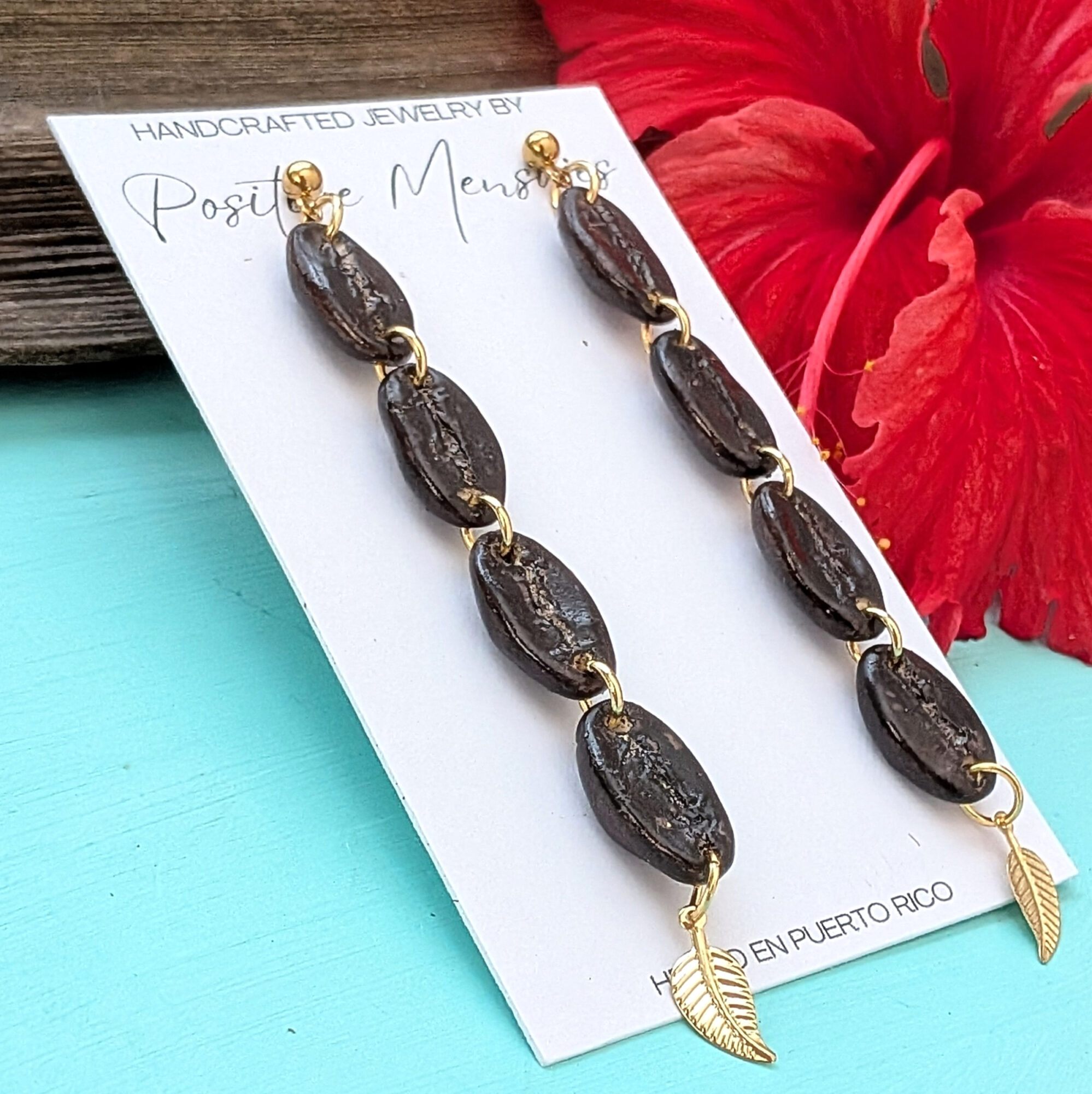Roasted Coffee Bean Earrings with Leaf Charm - Image 2