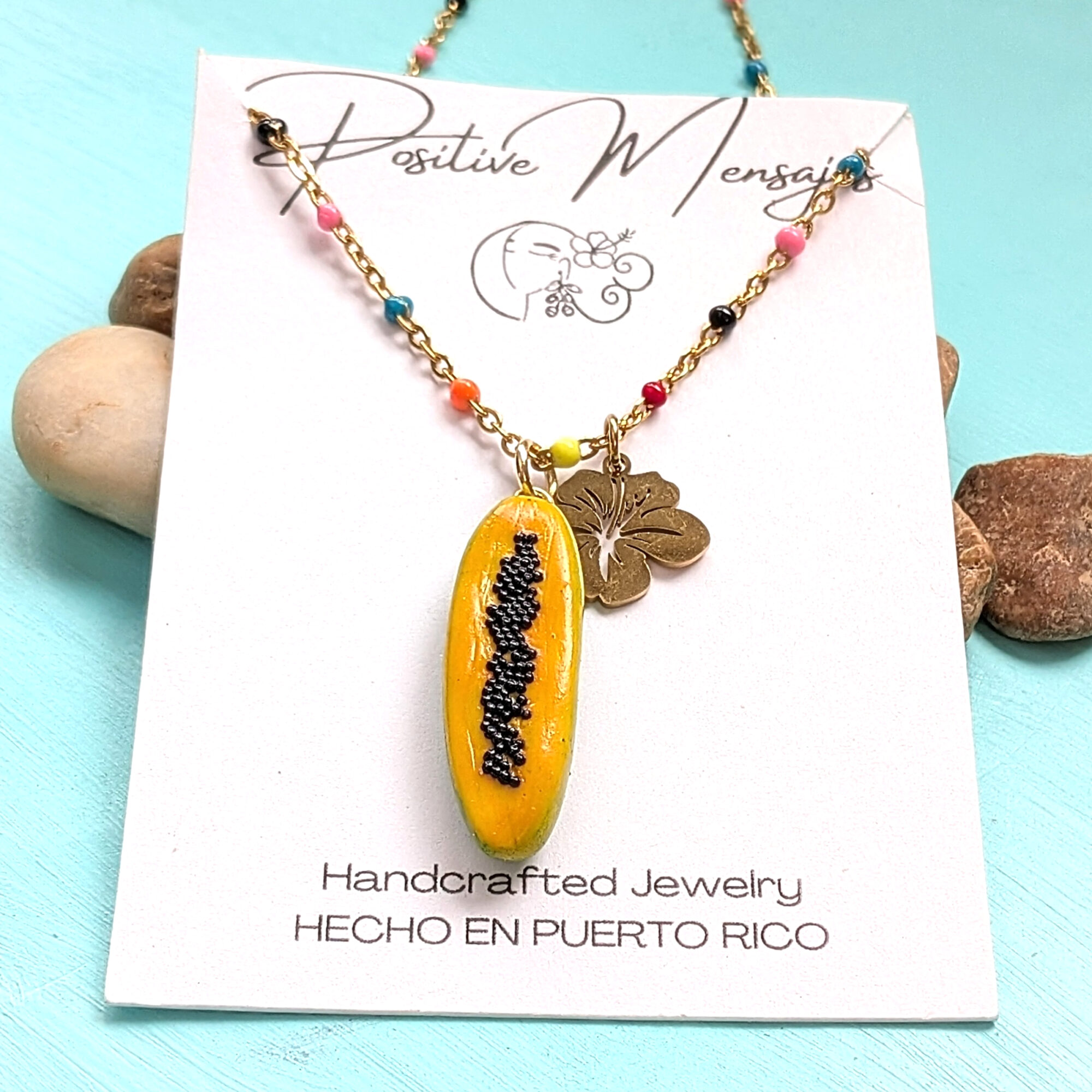 Papaya Fruit Beaded Necklace and Hibiscus Flower - Image 5