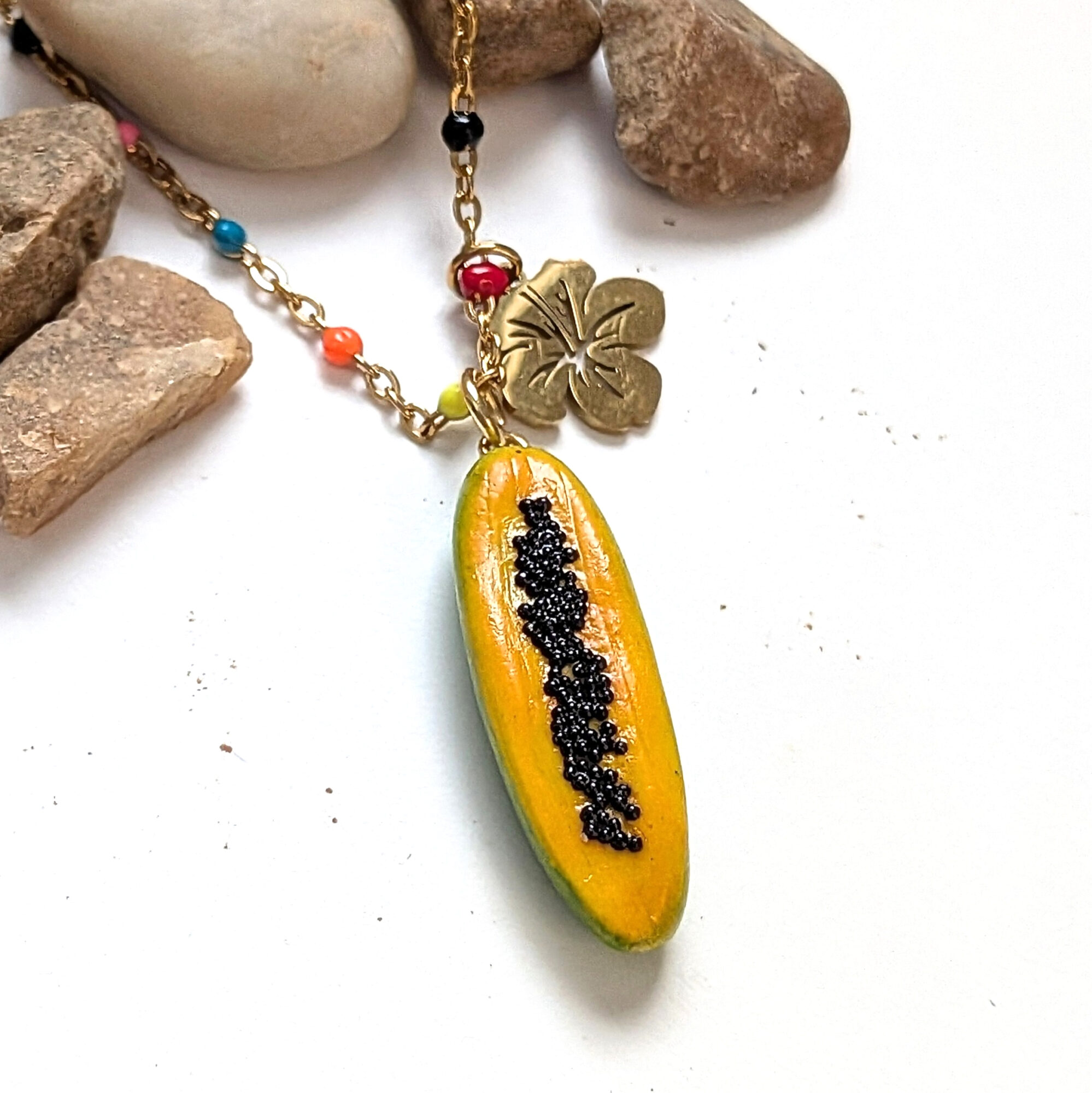 Papaya Fruit Beaded Necklace and Hibiscus Flower - Image 2
