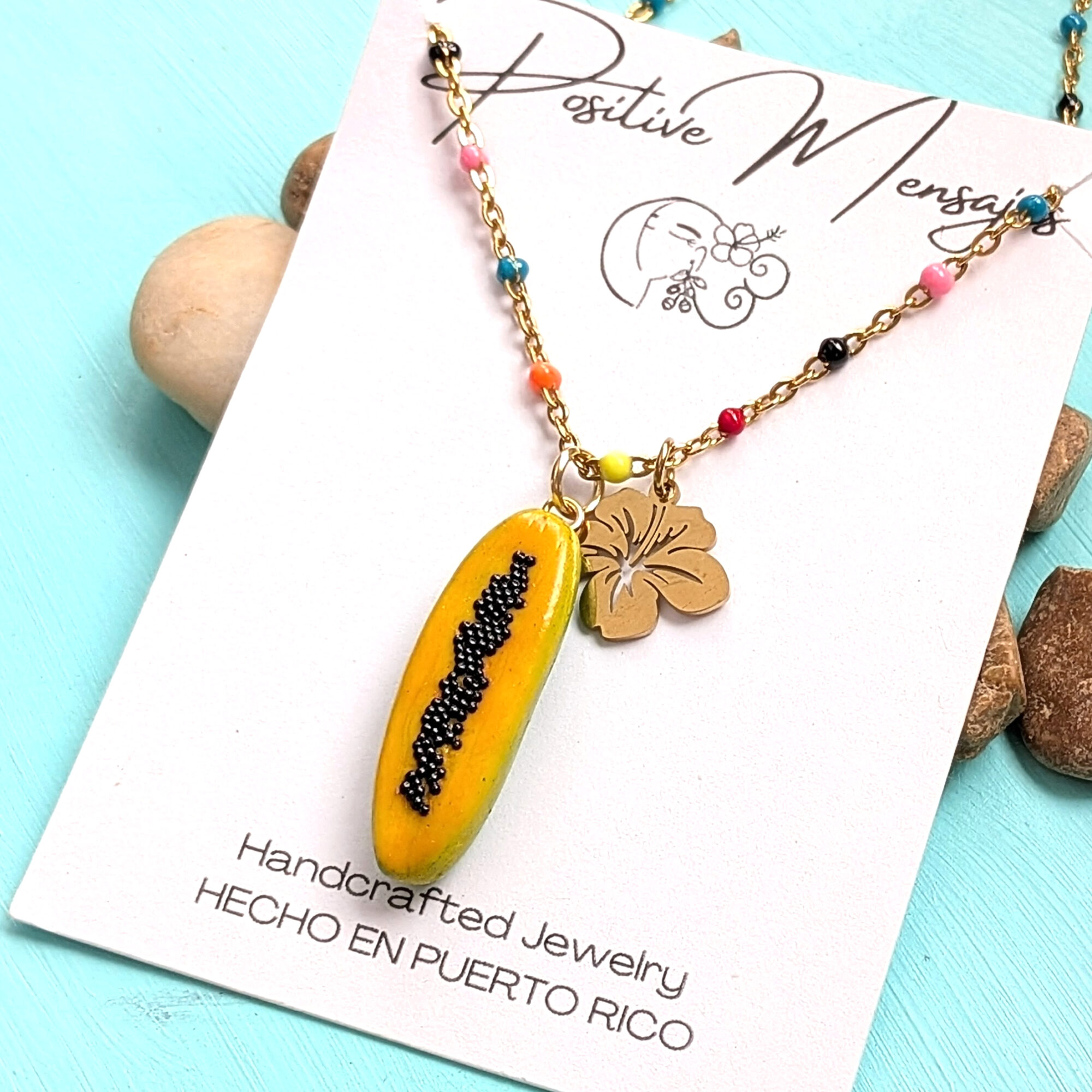 Papaya Fruit Beaded Necklace and Hibiscus Flower - Image 4