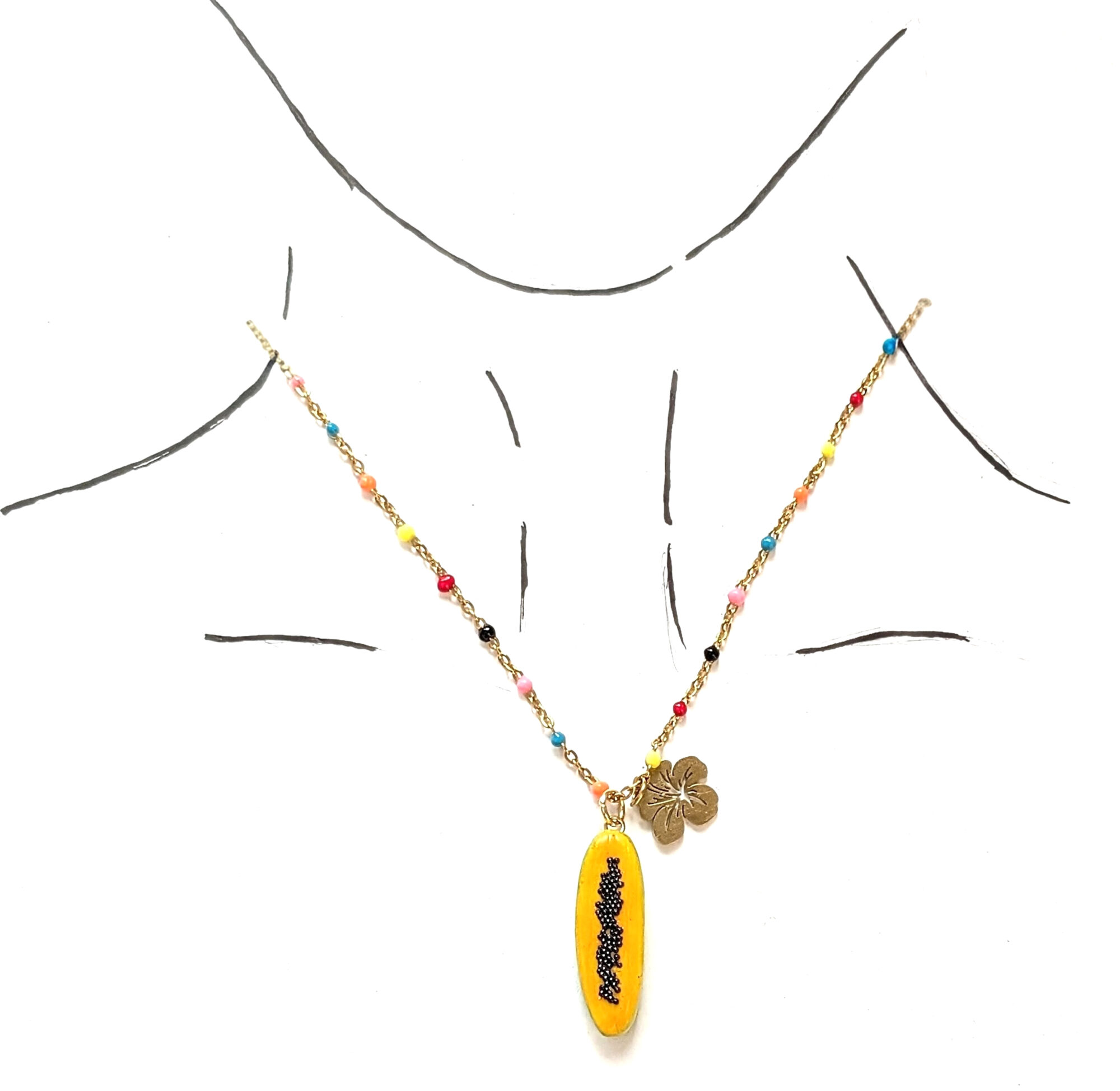 Papaya Fruit Beaded Necklace and Hibiscus Flower - Image 6
