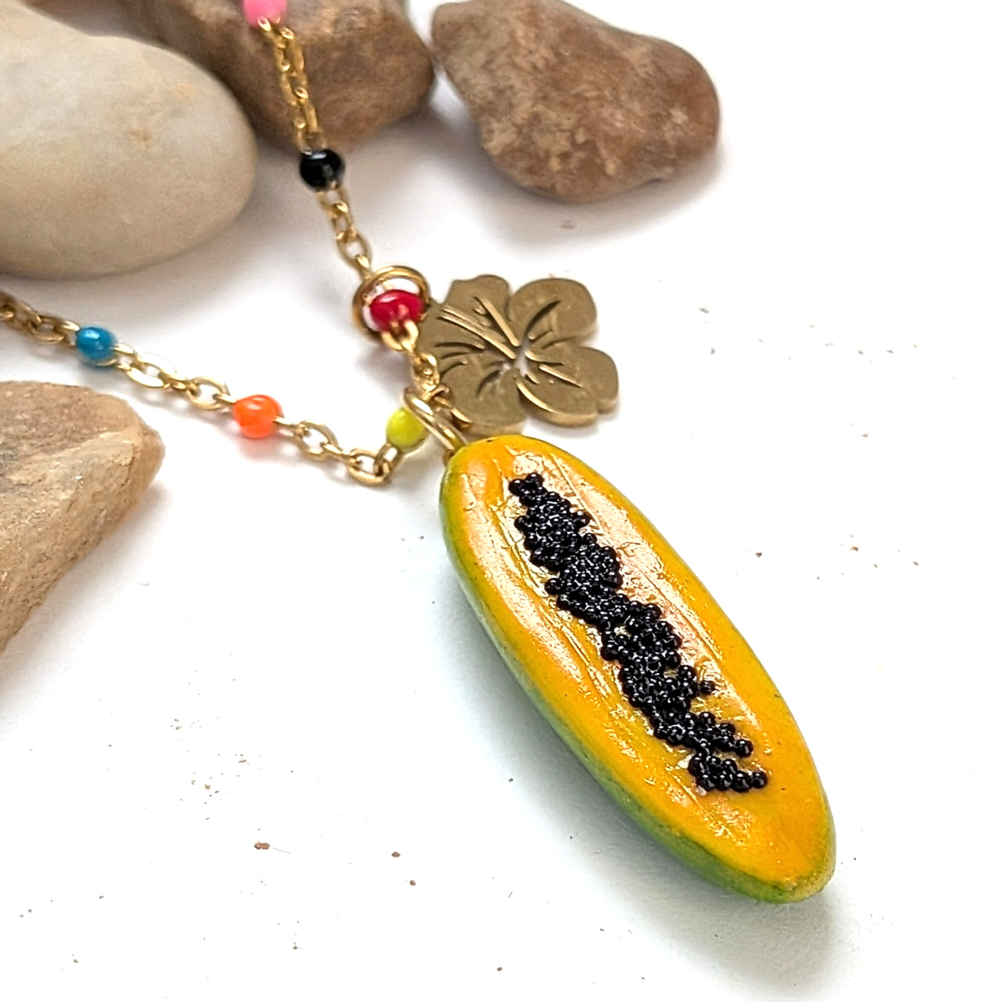 Papaya Fruit Beaded Necklace and Hibiscus Flower - Image 3