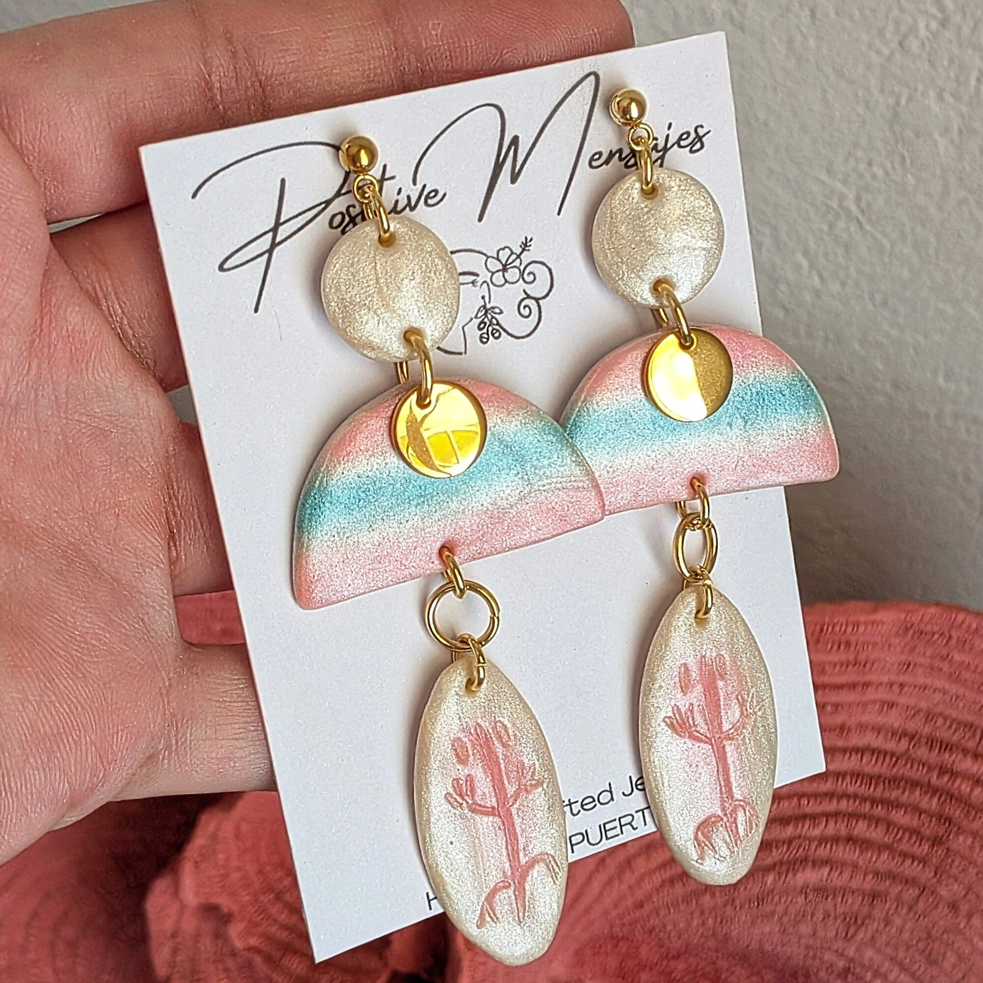 Taíno-Inspired Surfboard Earrings in Pearl, Pink, and Blue - Image 3