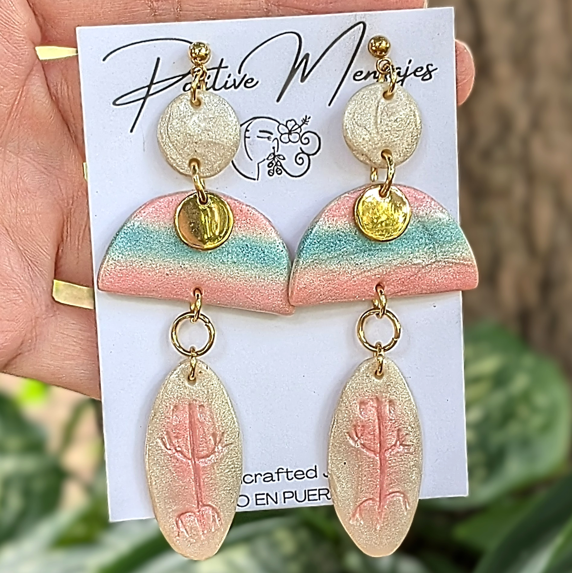 Taíno-Inspired Surfboard Earrings in Pearl, Pink, and Blue