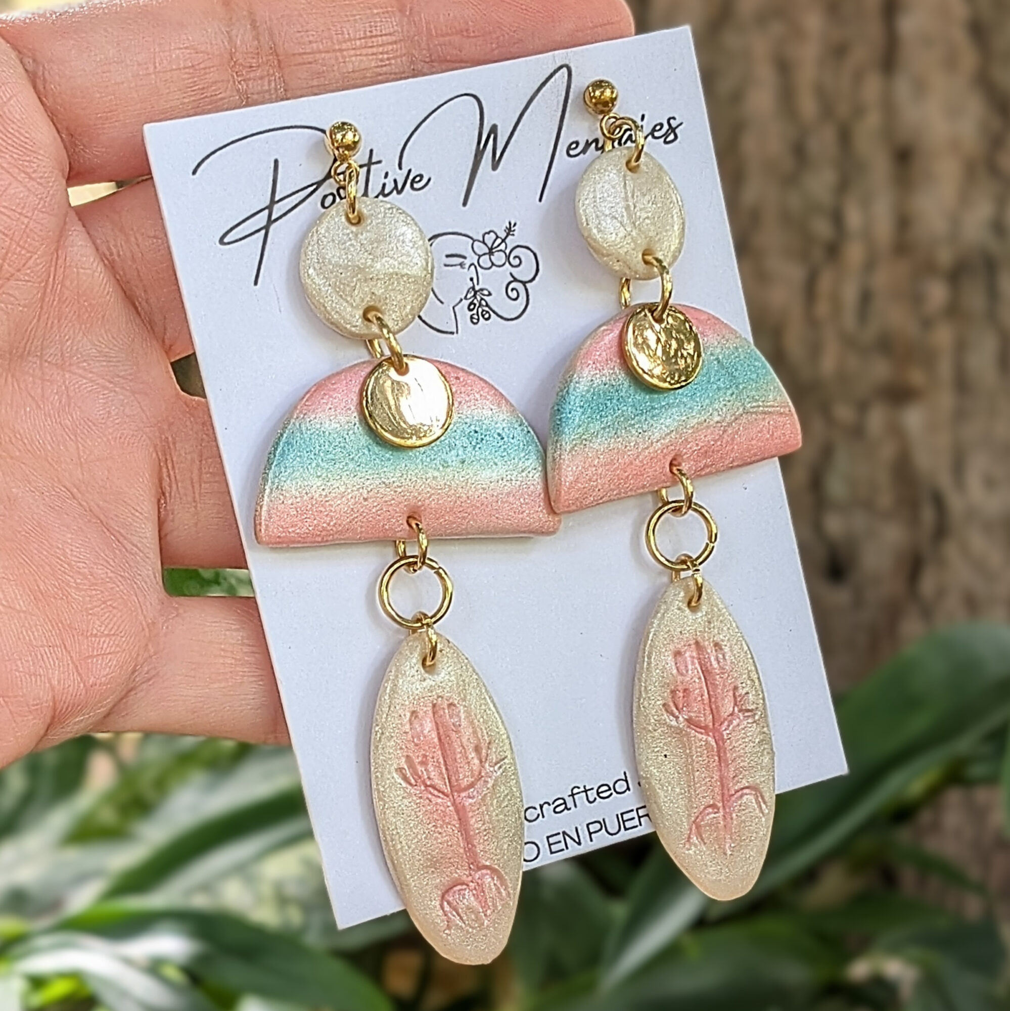 Taíno-Inspired Surfboard Earrings in Pearl, Pink, and Blue - Image 2