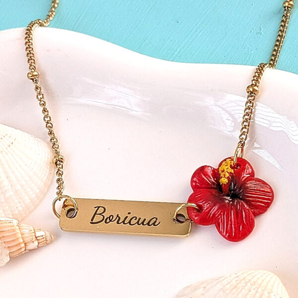Boricua Bar Necklace with Ball Chain & Flor de Maga Flower