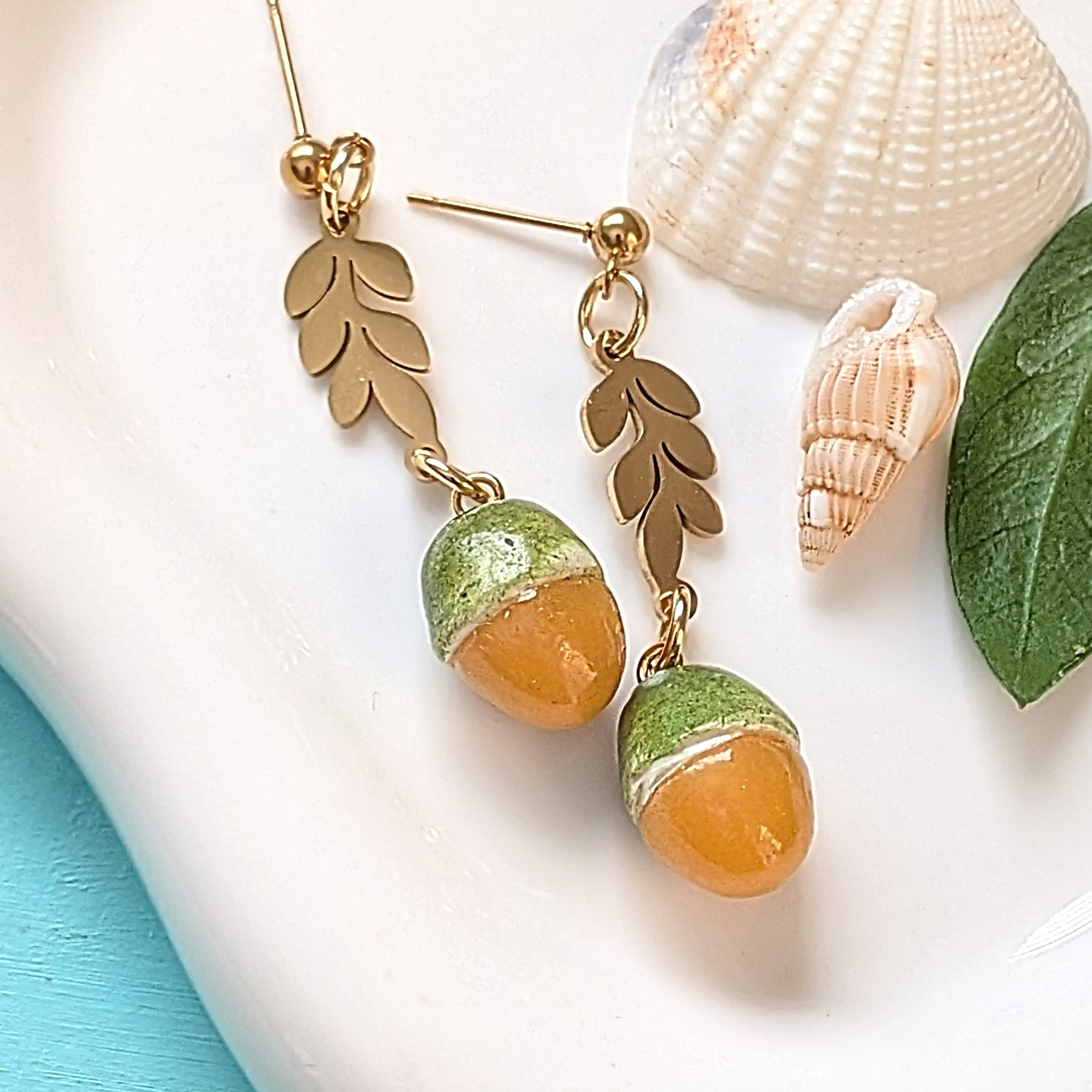 Quenepa Fruit Golden Leaf Earrings - Image 2