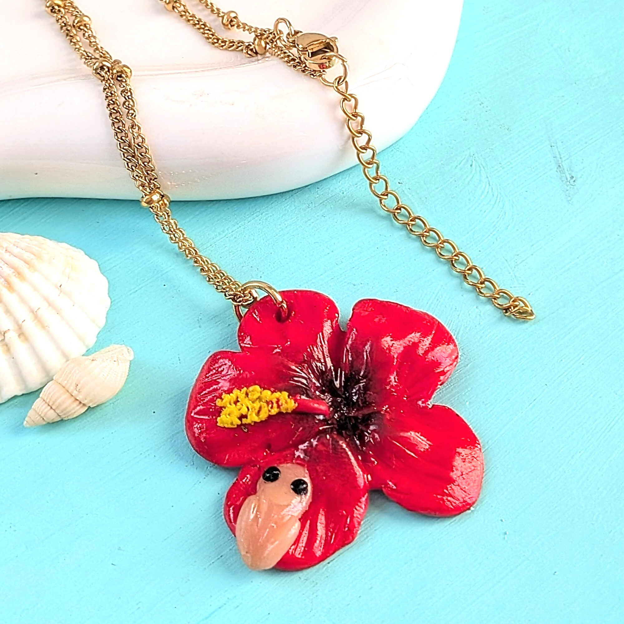 Puerto Rico Bead Chain Necklace With Coquí Frog & Hibiscus Flower - Image 5