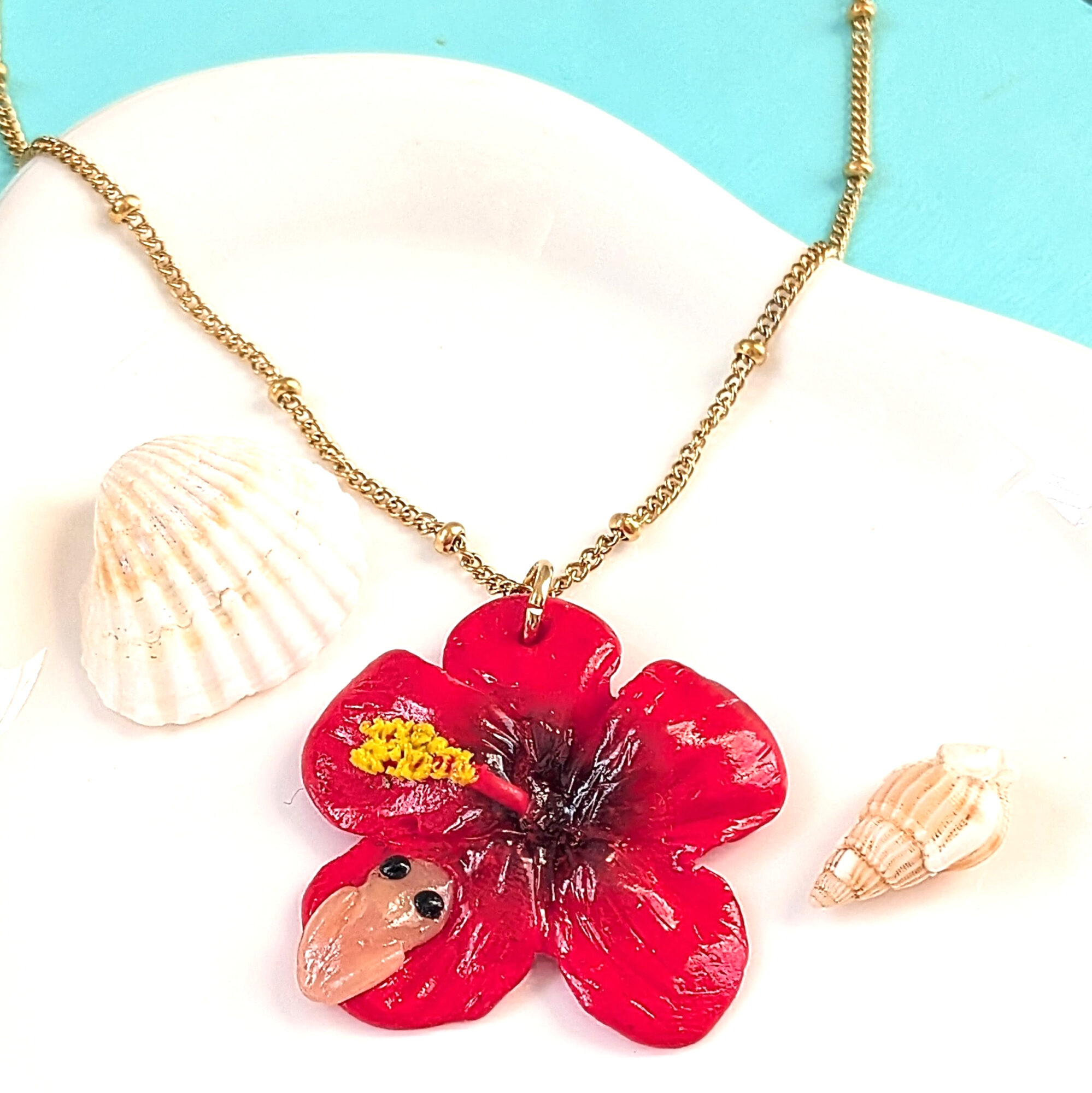 Puerto Rico Bead Chain Necklace With Coquí Frog & Hibiscus Flower - Image 2