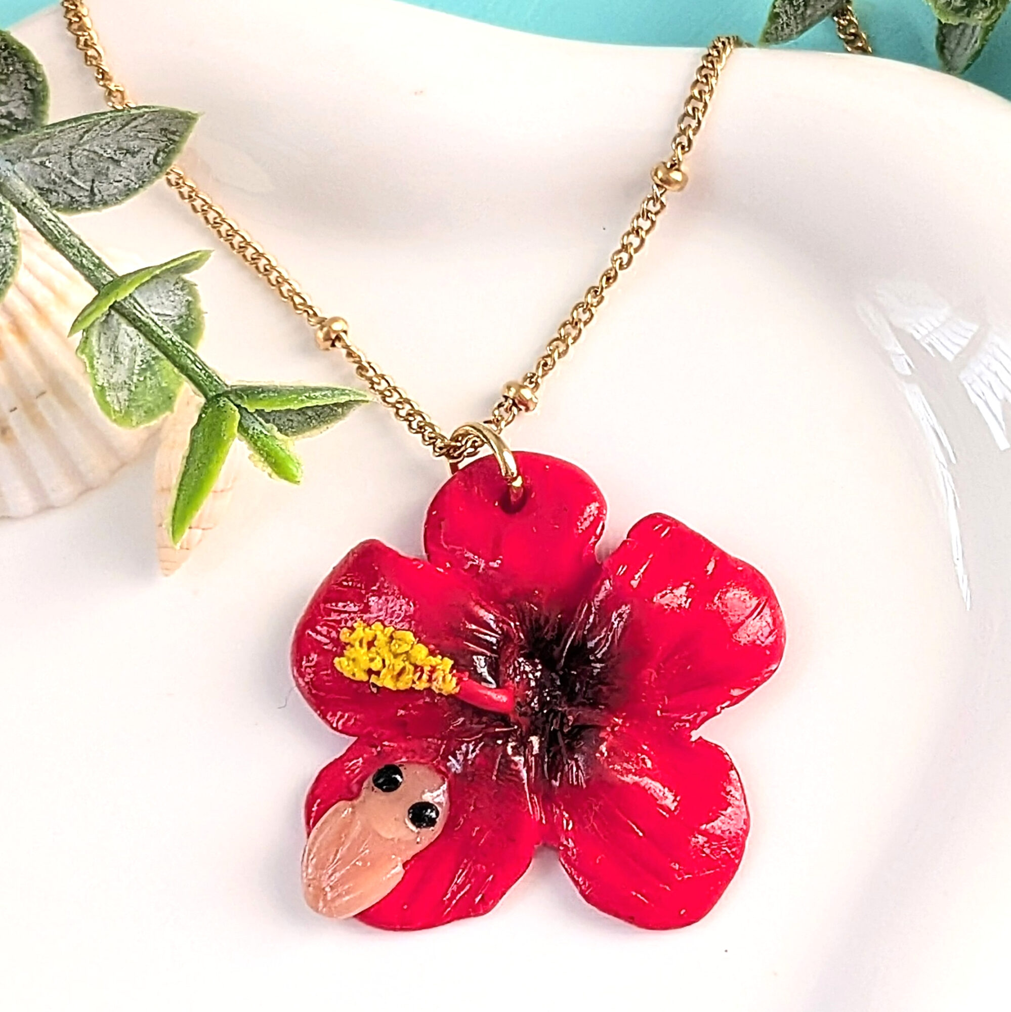 Puerto Rico Bead Chain Necklace With Coquí Frog & Hibiscus Flower - Image 3