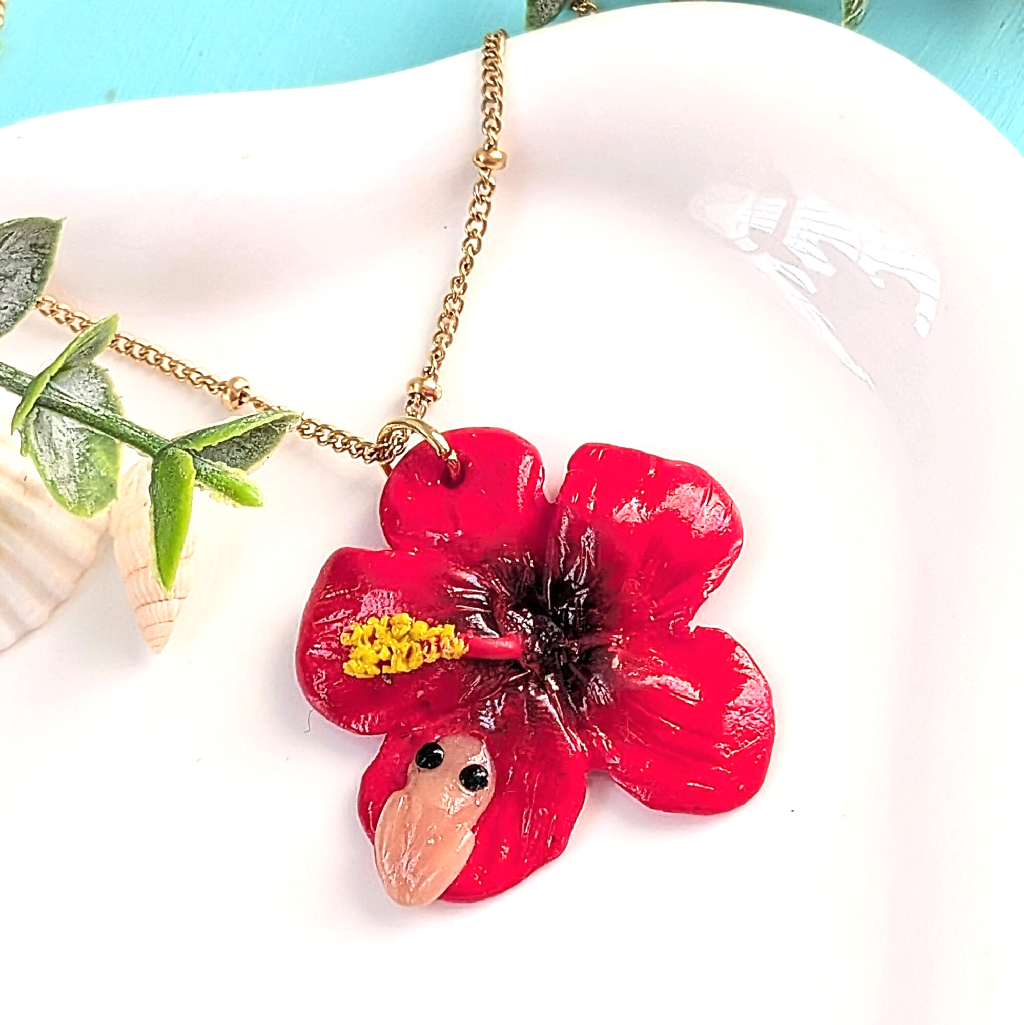 Puerto Rico Bead Chain Necklace With Coquí Frog & Hibiscus Flower - Image 4